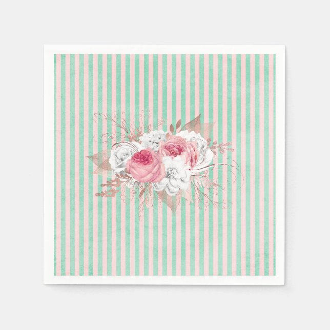 Serviette En Papier Bouquet Shabby Chic Rose aux Rayures   (Devant)