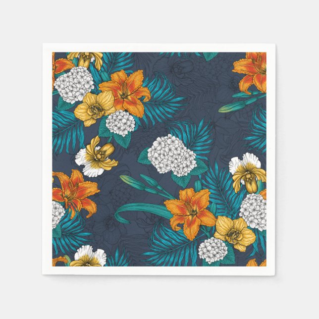 Serviette En Papier Bouquet tropical sur bleu (Devant)