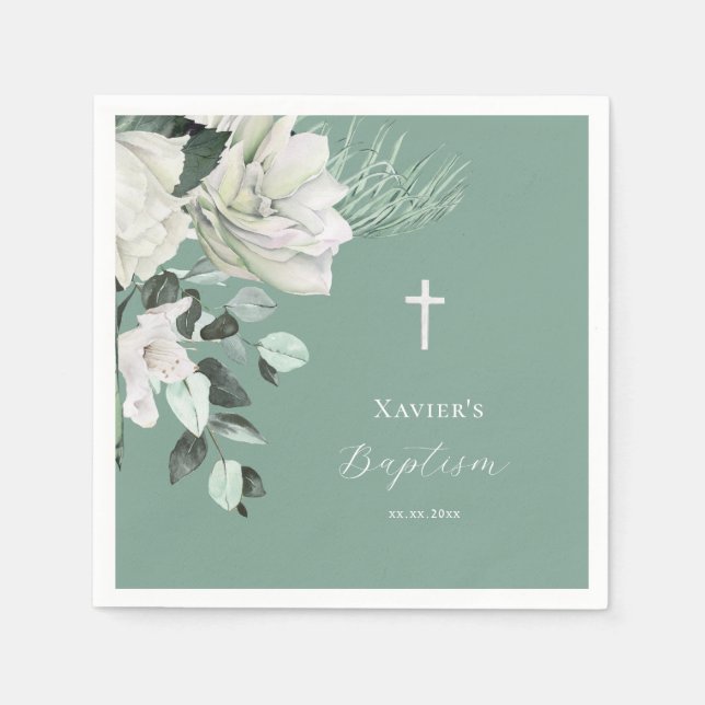 Serviette En Papier bouquet vert blanc Baptême (Devant)