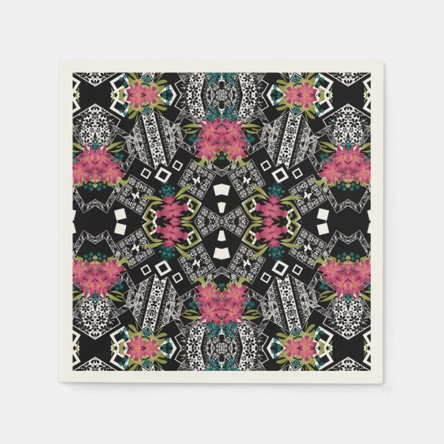 Serviette En Papier Bouquets de fleurs roses sur une géométrie (Devant)