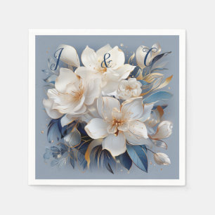Serviette En Papier Bouquets de Silky Blue-White et Gold Edges