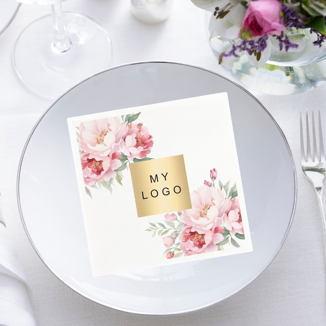 Serviette En Papier Bouquets roses logo commercial blanc (Créateur téléchargé)