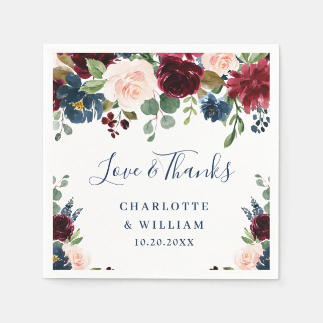 Serviette En Papier Bourgogne Bleu Marine Fardé Floral Rustique Soirée (Devant)