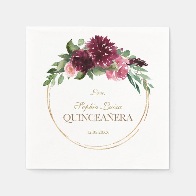 Serviette En Papier Bourgogne Blush Floral Mis Quince Quinceañera (Devant)