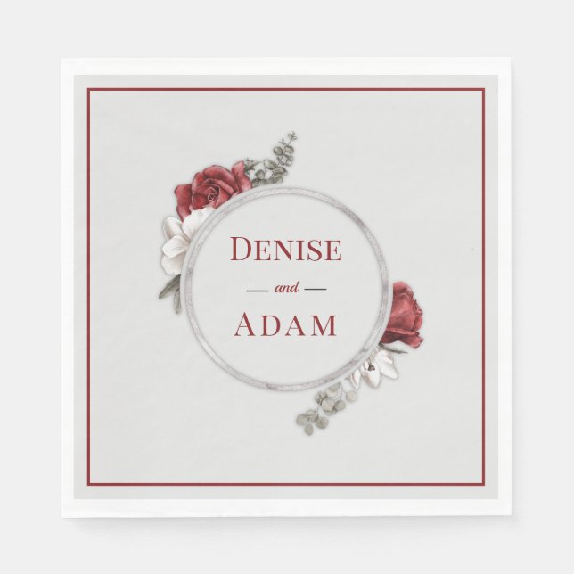 Serviette En Papier Bourgogne Blush & White Roses Argent Foil (Devant)