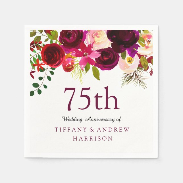 Serviette En Papier Bourgogne Boho Floral Boho 75e anniversaire Mariag (Devant)