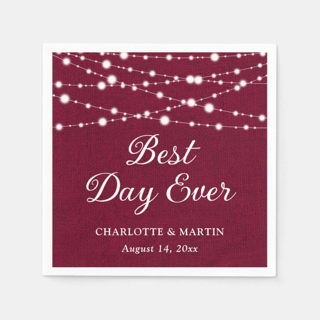 Serviette En Papier Bourgogne Burlap Chaîne Lumières Mariage rustique (Devant)