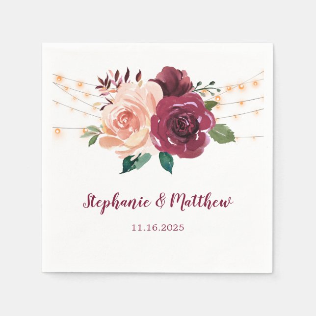 Serviette En Papier Bourgogne Dusty Rose Floral Lights Mariage (Devant)