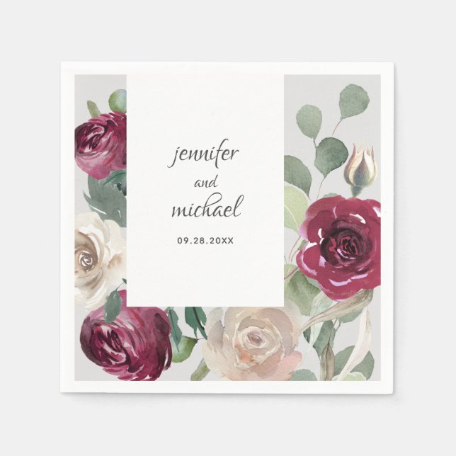 Serviette En Papier Bourgogne et beige Rustique Mariage floral (Devant)