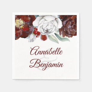 Serviette En Papier Bourgogne et mariage floral d'aquarelle blanche