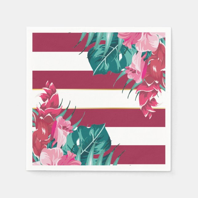 Serviette En Papier Bourgogne Fleurs exotiques rayées (Devant)