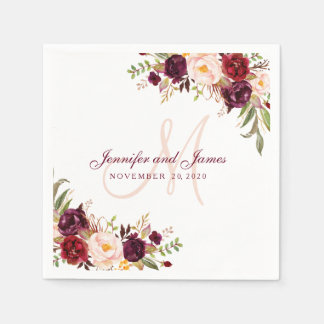 Serviette En Papier Bourgogne Floral Blush rose Monogramme Rustique Ma