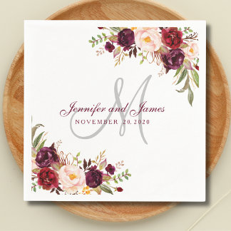 Serviette En Papier Bourgogne Floral Élégant Monogramme Rustique Maria