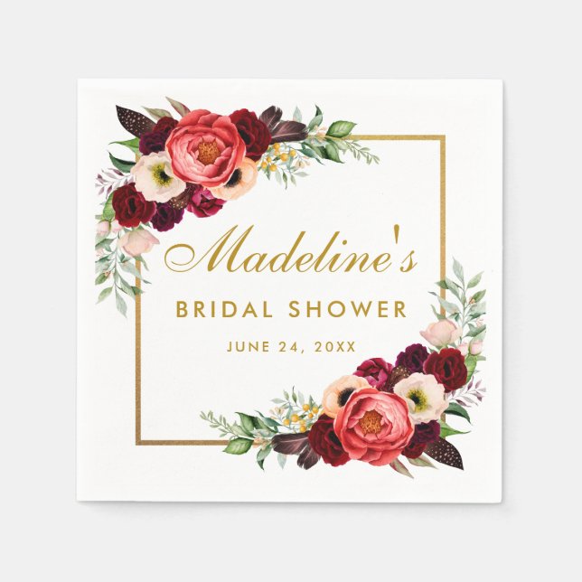 Serviette En Papier Bourgogne Floral Gold Boho Fête des mariées (Devant)