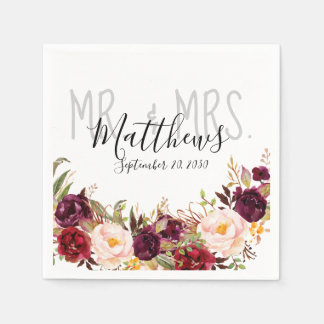 Serviette En Papier Bourgogne Floral Lettré main Mariage rustique chic
