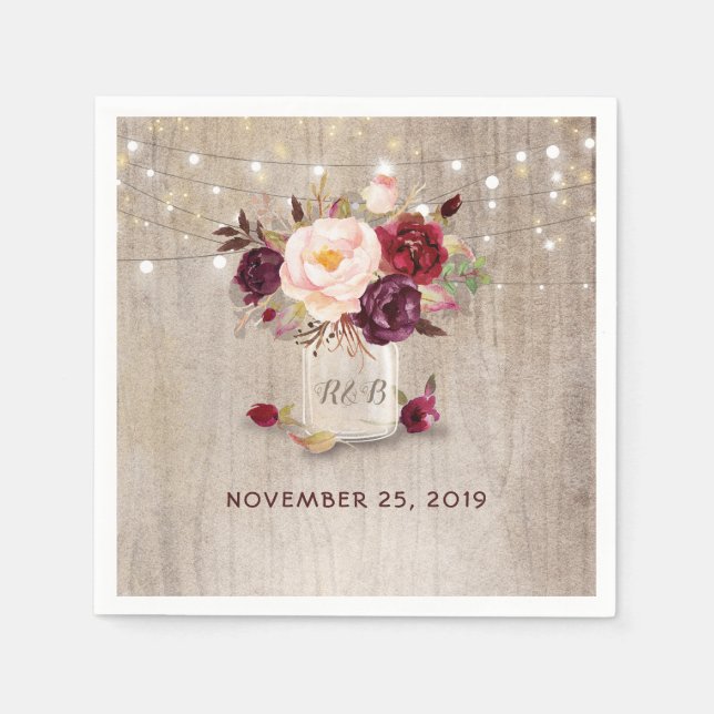 Serviette En Papier Bourgogne Floral Mason Jar Rustique (Devant)
