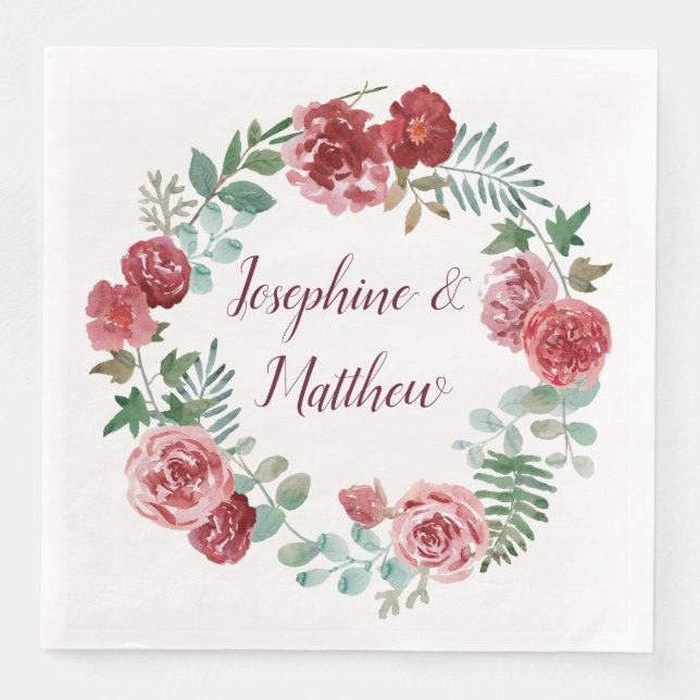 Serviette En Papier Bourgogne Floral Rose Folithe Mariage  (Devant)