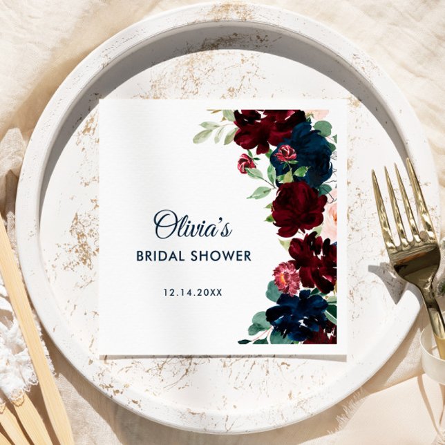 Serviette En Papier Bourgogne & Navy Fleurs bleues Fête des mariées ru (Créateur téléchargé)