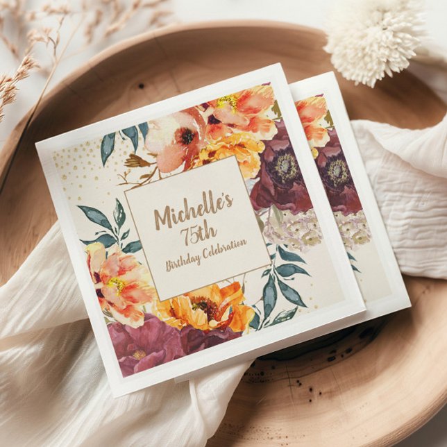 Serviette En Papier Bourgogne Orange Floral Gold Parties scintillant 7 (Orange and burgundy watercolor floral 75th birthday party paper napkins)