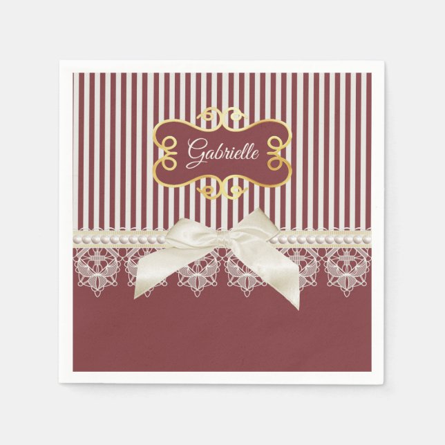 Serviette En Papier Bourgogne Rayure Dentelle Nom (Devant)