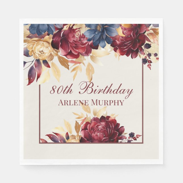 Serviette En Papier Bourgogne Rose et marine 80e anniversaire (Devant)
