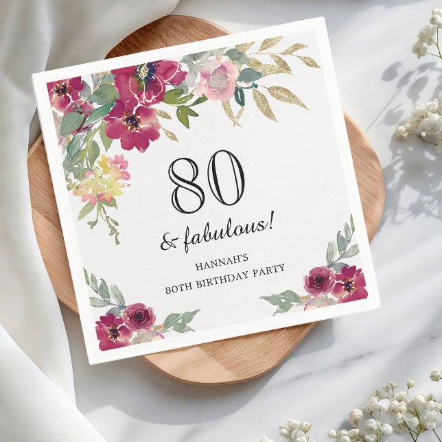 Serviette En Papier Bourgogne rose Floral 80e anniversaire (Créateur téléchargé)