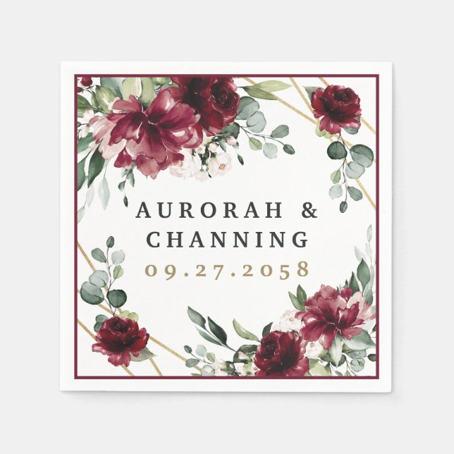 Serviette En Papier Bourgogne Rouge Bleu Or Mariage géométrique de ver (Devant)