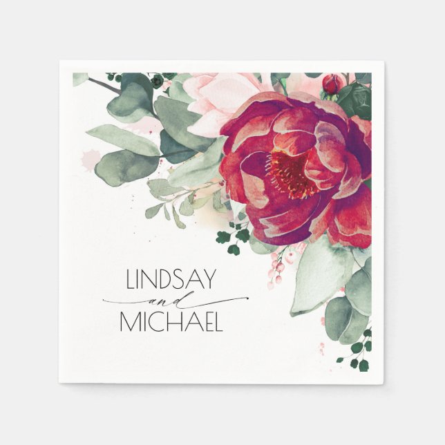 Serviette En Papier Bourgogne rouge et floral roux élégant (Devant)