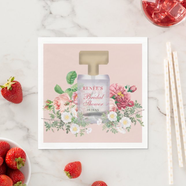 Serviette En Papier Bouteille de parfum rose blush Fleurs de mariage  (En situation)