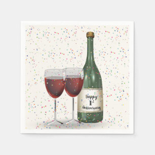 Serviette En Papier Bouteille de vin et deux verres pour la fête du 1e