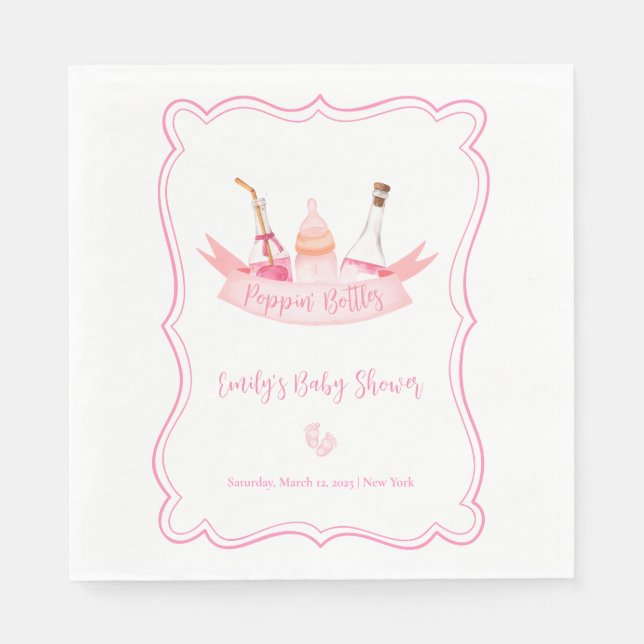 Serviette En Papier Bouteilles de Champagne rose Pieds Baby shower cad (Devant)