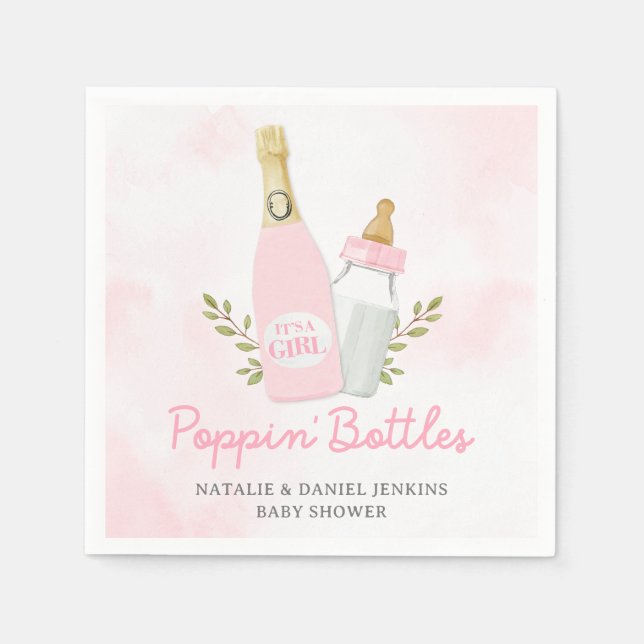 Serviette En Papier Bouteilles Poppin Fille Baby shower Papier rose (Devant)