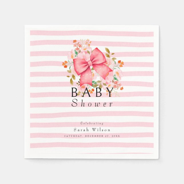 Serviette En Papier Bow rose baby shower d'aquarelle florale (Devant)