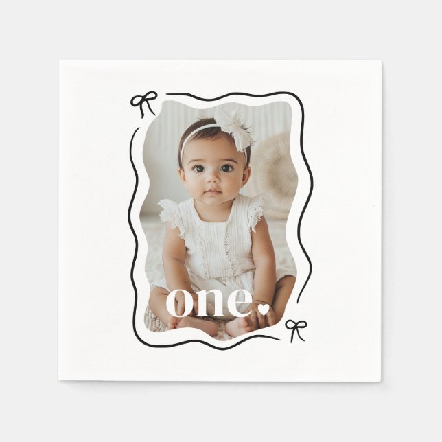 Serviette En Papier Bow Wavy Border Photo 1er anniversaire (Devant)