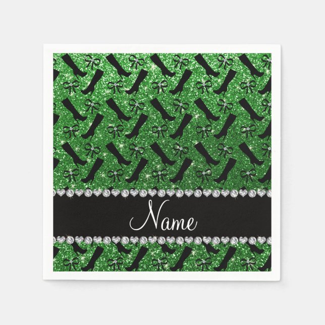 Serviette En Papier Bows de bottes de parties scintillant verte de nom (Devant)