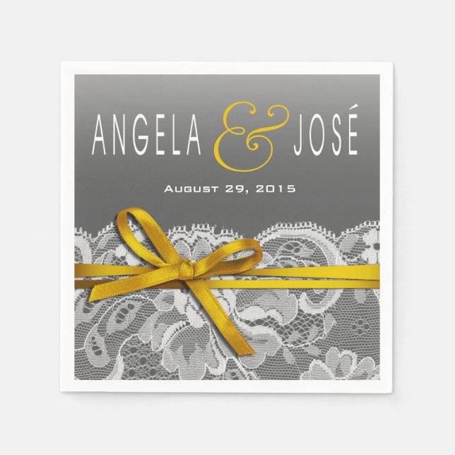 Serviette En Papier Bows Ruban et fête de mariage en dentelle | jaune  (Devant)