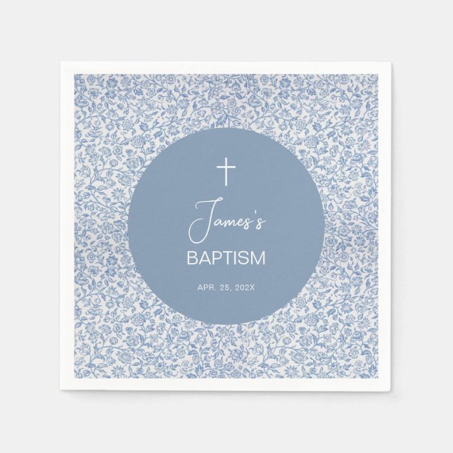 Serviette En Papier Boy Baptism Blue and White Floral Pattern Elegant (Devant)