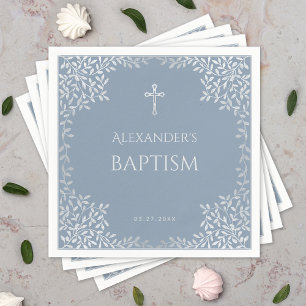 Serviette En Papier Boy Baptism Dusty Blue Faux Argent Feuilles Élégan
