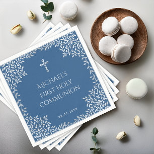 Serviette En Papier Boy First Communion Classique Bleu Feuille Argent