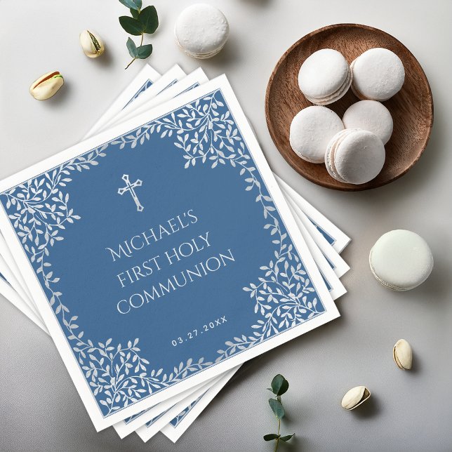 Serviette En Papier Boy First Communion Classique Bleu Feuille Argent (Créateur téléchargé)