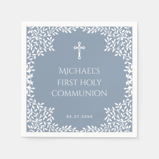 Serviette En Papier Boy First Communion Dusty Blue White Leaves Ornate (Devant)