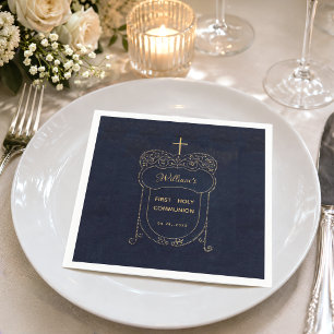 Serviette En Papier Boy First Communion Marine Blue Croix Vintage Scri
