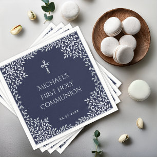 Serviette En Papier Boy First Communion Marine Blue & Faux Feuilles en