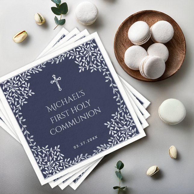 Serviette En Papier Boy First Communion Marine Blue & Faux Feuilles en (Créateur téléchargé)