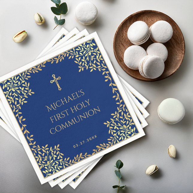 Serviette En Papier Boy First Communion Royal Blue Faux Gold Feuilles (Créateur téléchargé)