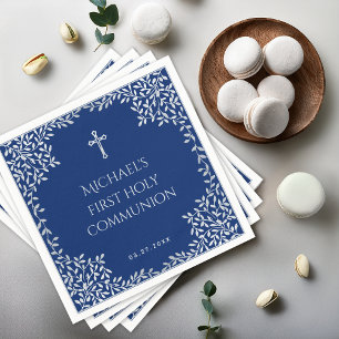 Serviette En Papier Boy First Communion Royal Blue Silver Croix Feuill