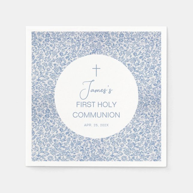 Serviette En Papier Boy First Holy Communion Blue White Floral Pattern (Devant)