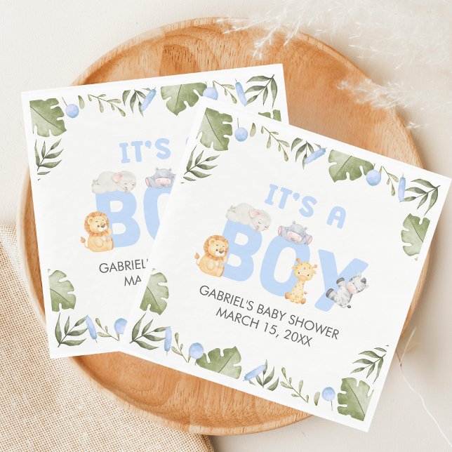 Serviette En Papier Boy Safari Animal Baby Shower  (Safari Jungle Animals Baby Shower Napkin)
