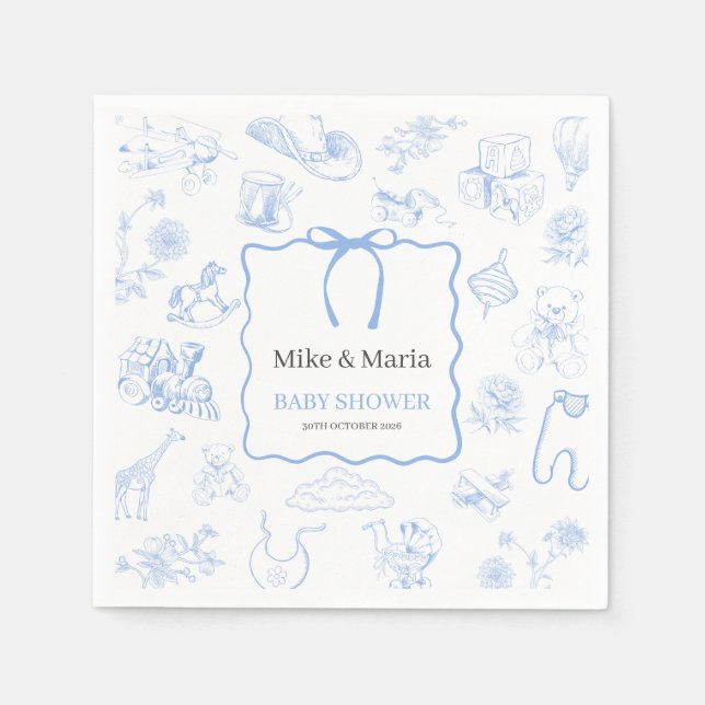Serviette En Papier Boy Toile De Jouy Blue Baby Shower (Devant)