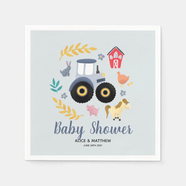 Serviette En Papier Boys Cute Farm Animaux & Baby shower Blue Tractor (Devant)